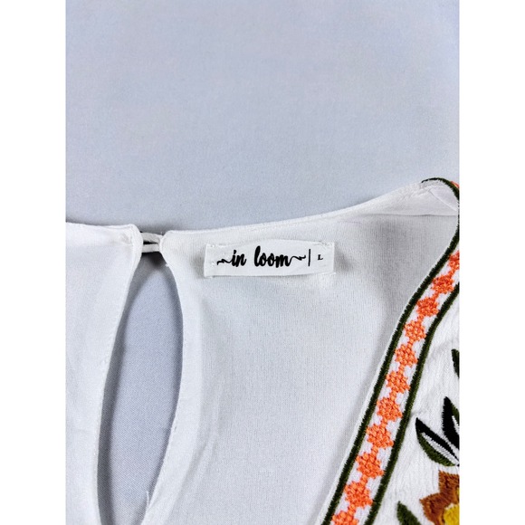 In Loom White Floral Embroidered Boho Cottagecore V-Neck Tiered Midi Dress Large - Picture 6 of 15